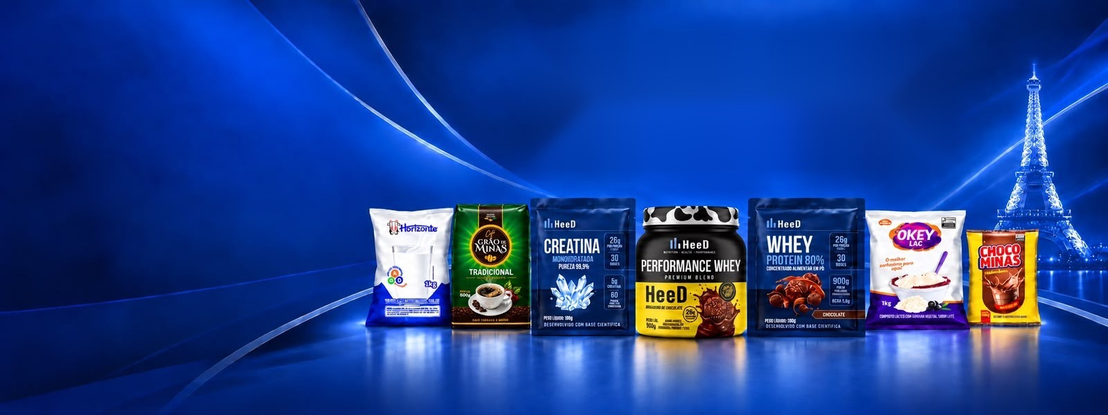 Linha de produtos do Grupo MF Paris: Horizonte, Grão de Minas, HeeD, OkeyLac e Choco Minas